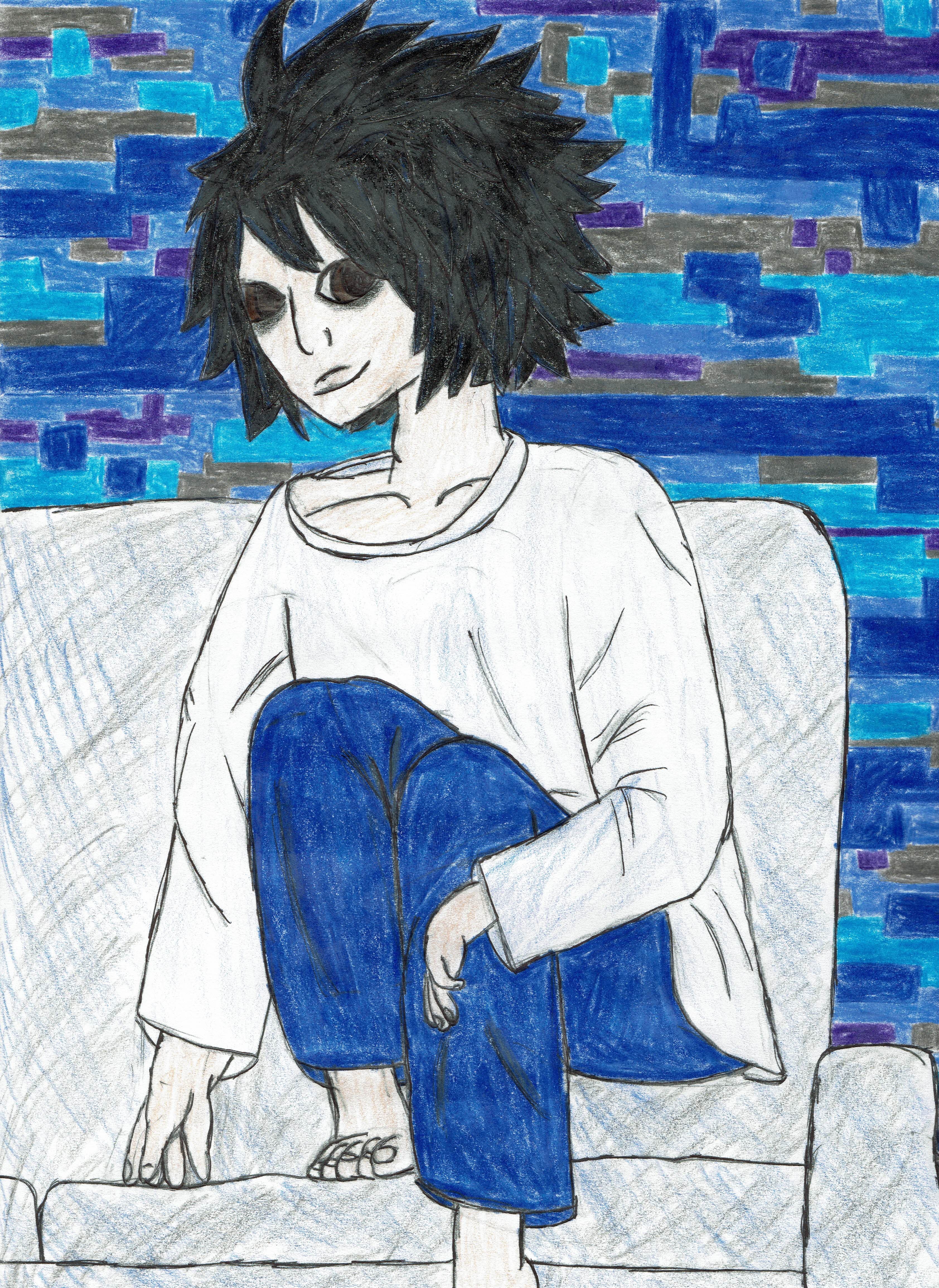 Colored pencil and pen fan art of L Lawliet from the anime Death Note. My first anime crush that led to years of pining over emo hotties of all genders